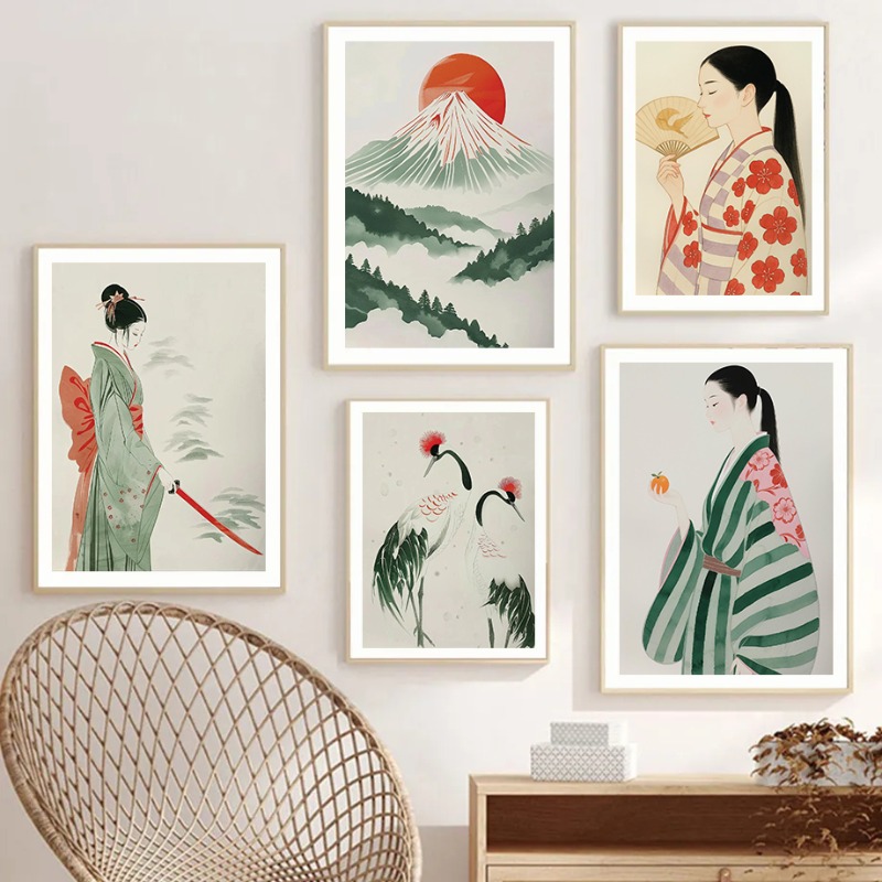Japanese Lifestyle Home - Гора Фудзи и журавль, японский настенный